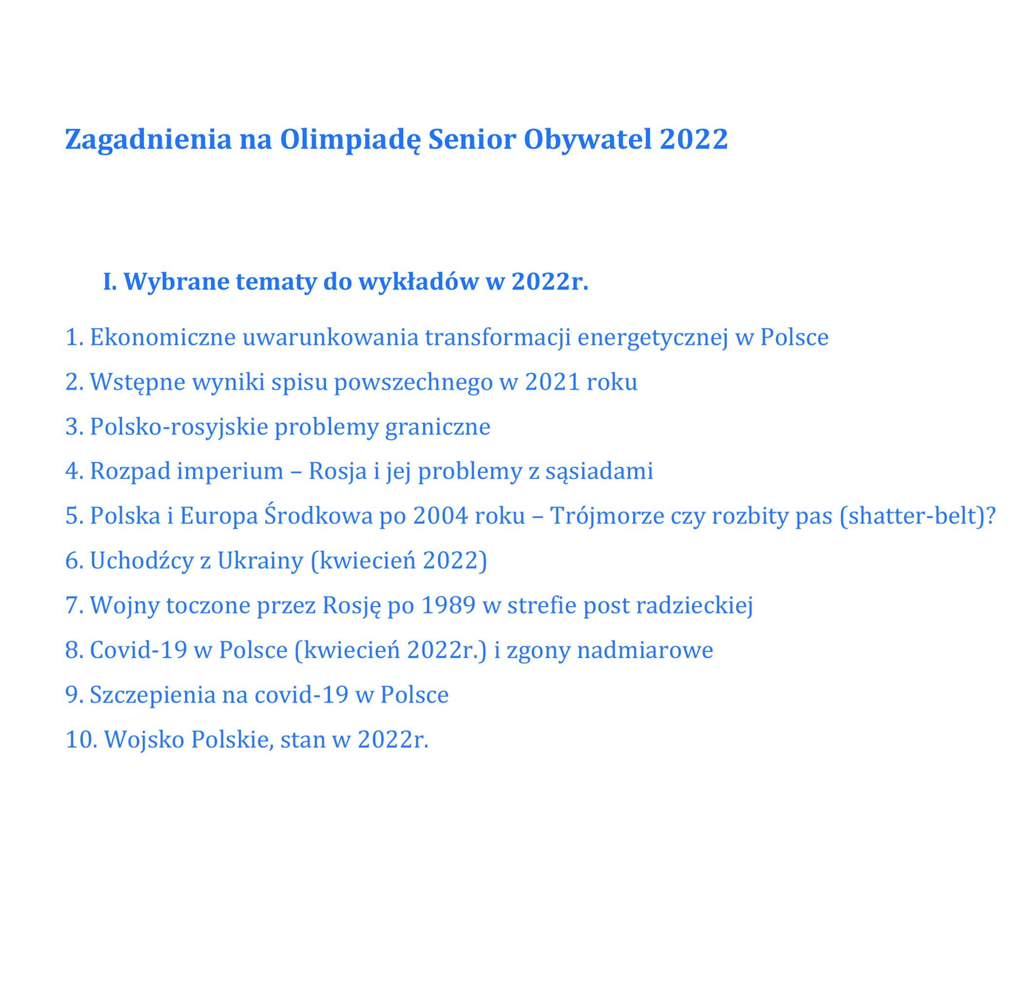 Olimpiada Senior Obywatel 2022 zagadnienia